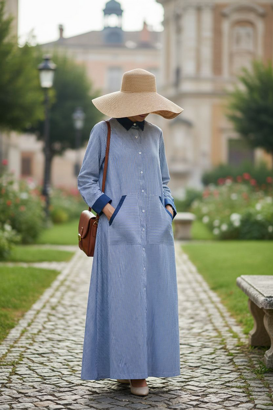 Striped Modest Wear with White & Blue Lining – Front Open Style